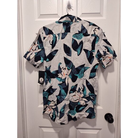 Volcom Mens Cut out Modern‎ fit Short Sleeve Button-Up LARGE Blue Green Floral - Picture 2 of 13